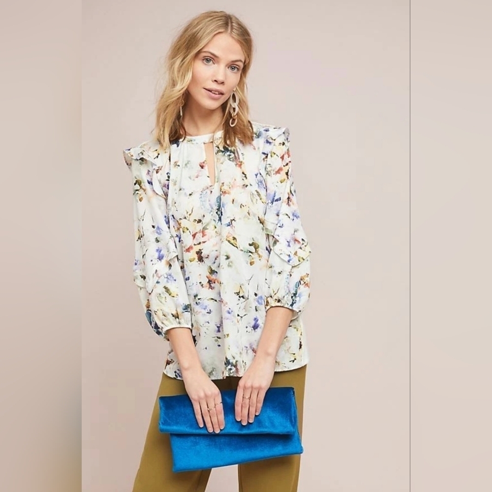 Anthropologie Dolan Left Coast Collection White Blouse with Watercolor Floral M